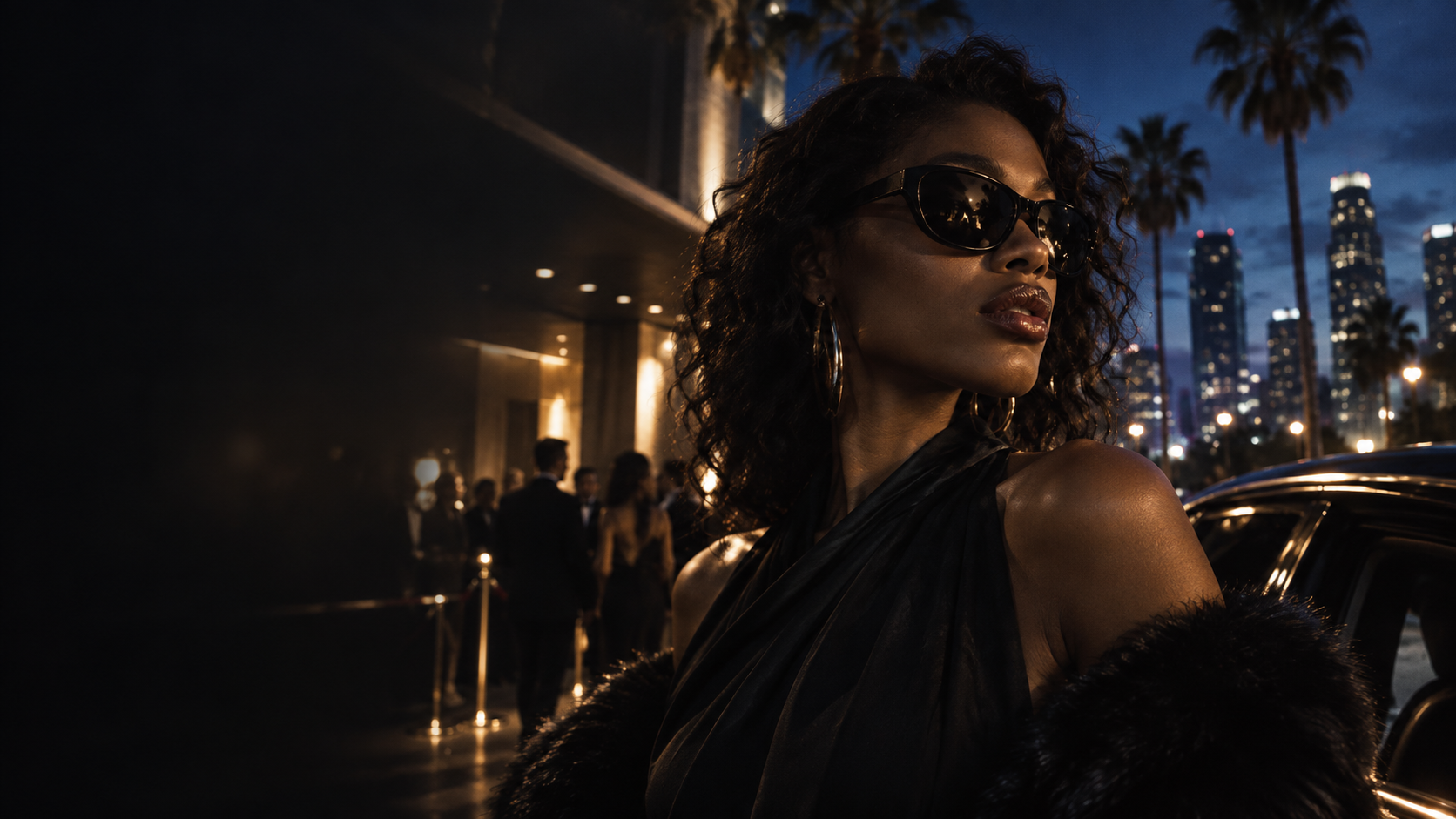 A guest arriving at an evening entertainment event in the city