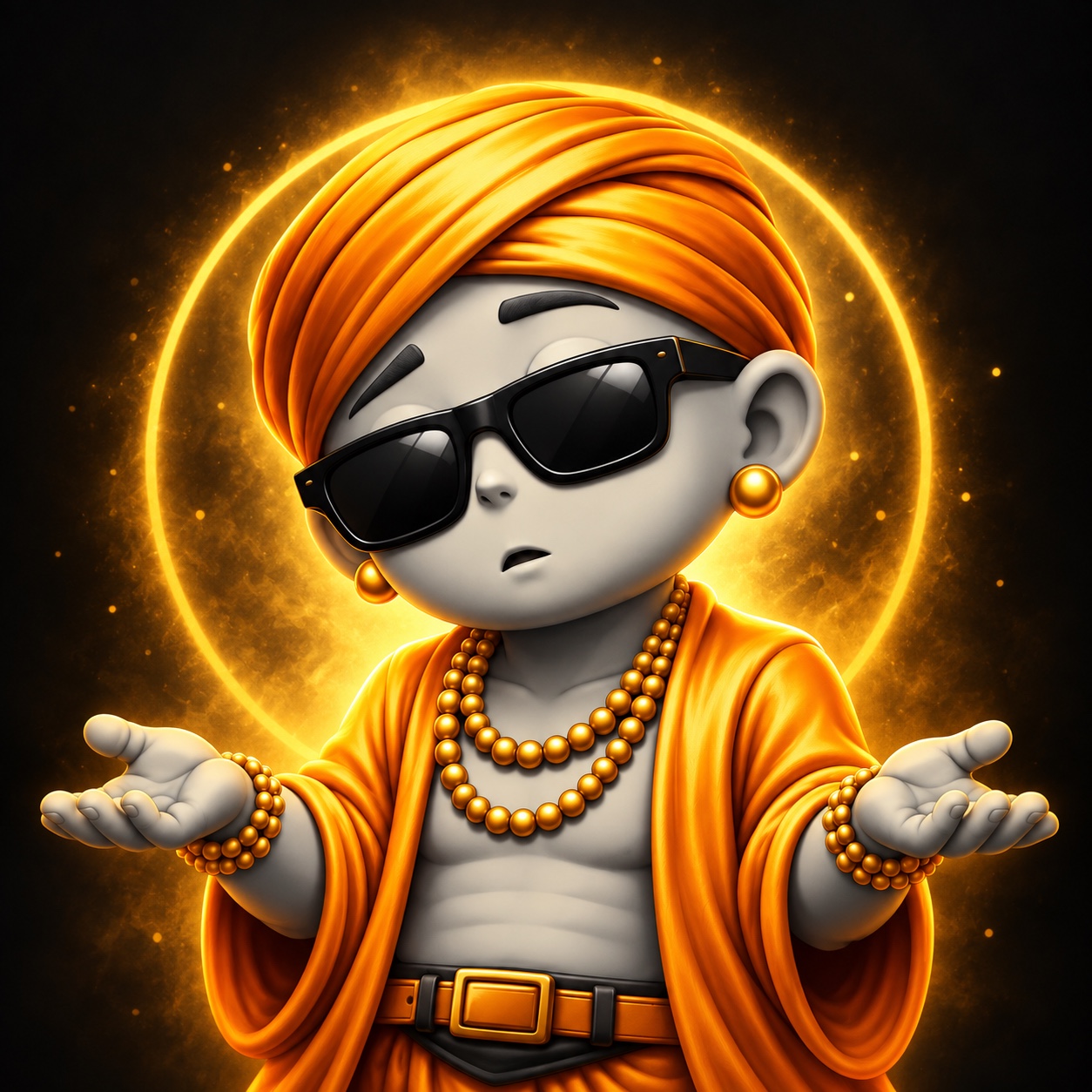 Lil Ego wearing his orange turban, black sunglasses, and gold jewelry